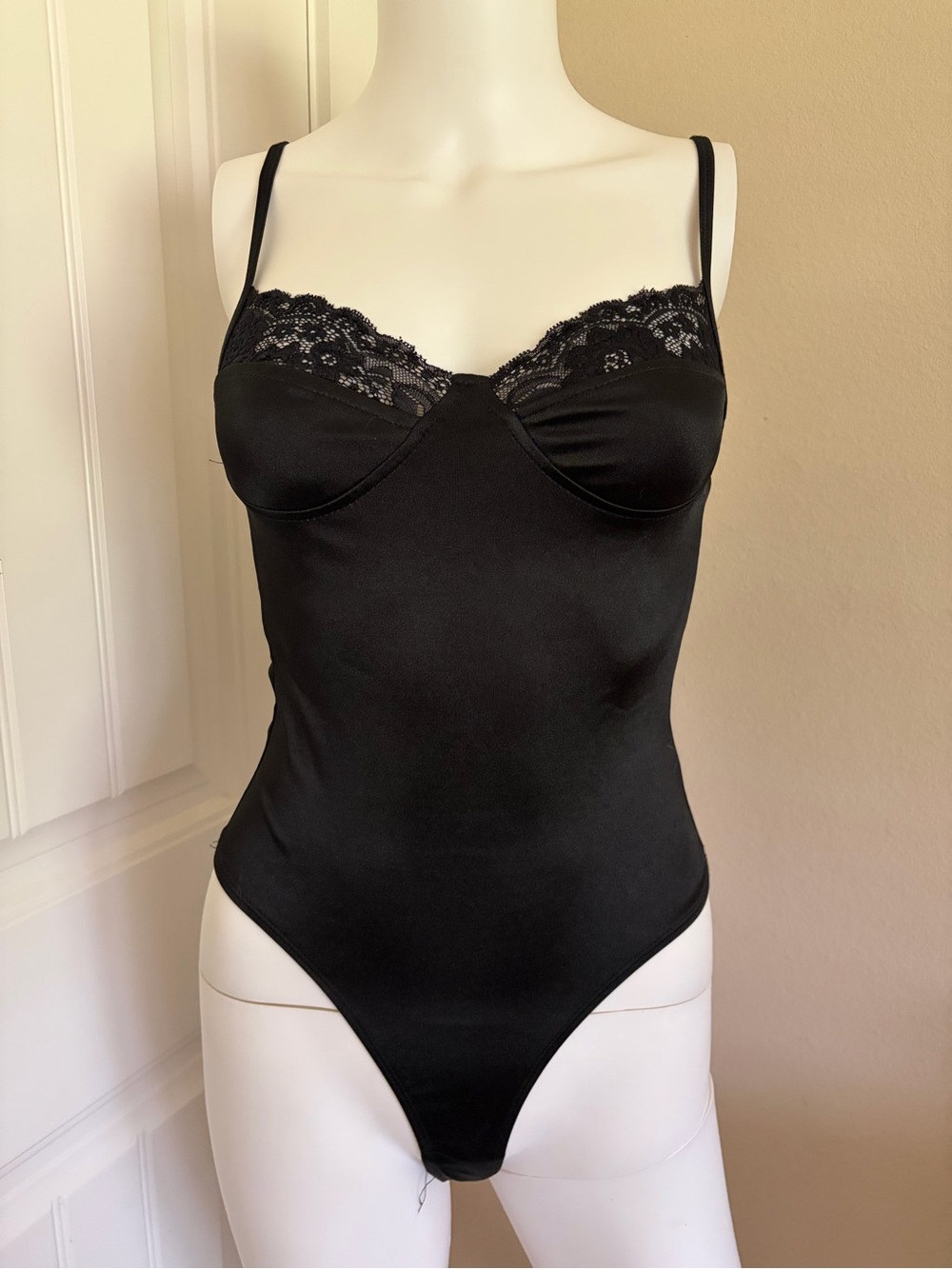 Princess Polly Black Lace-Trim Satin Bodysuit